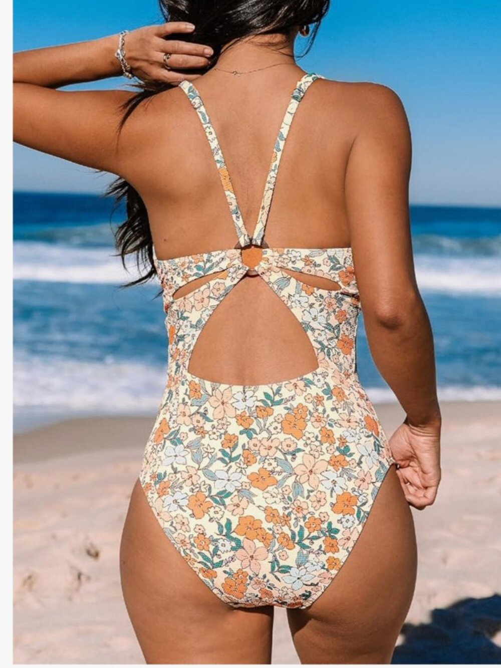 One Piece Floral Print Swimsuit Deep V Neck Keyhole Cutout